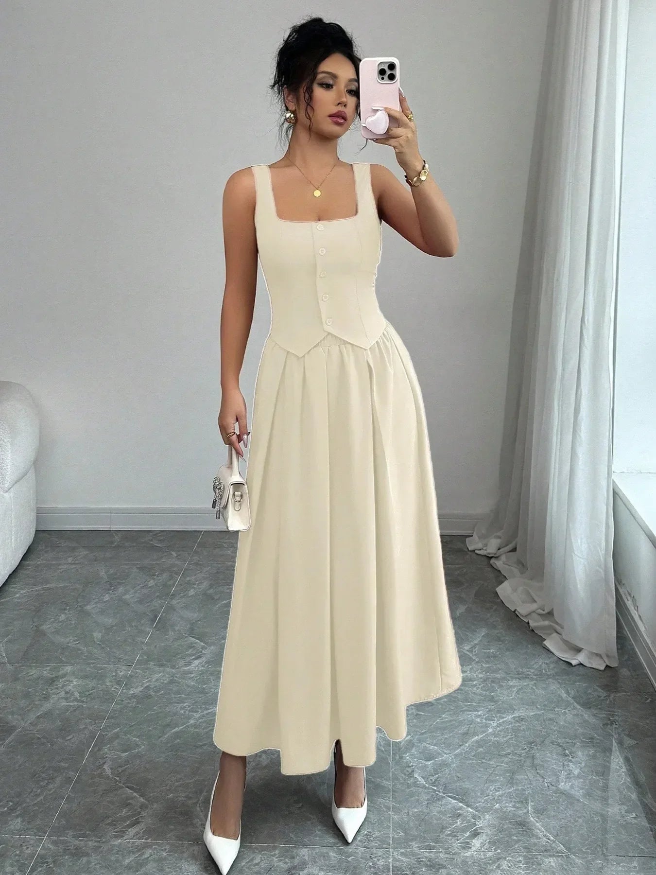 Square Neck Wide Strap Midi Dress