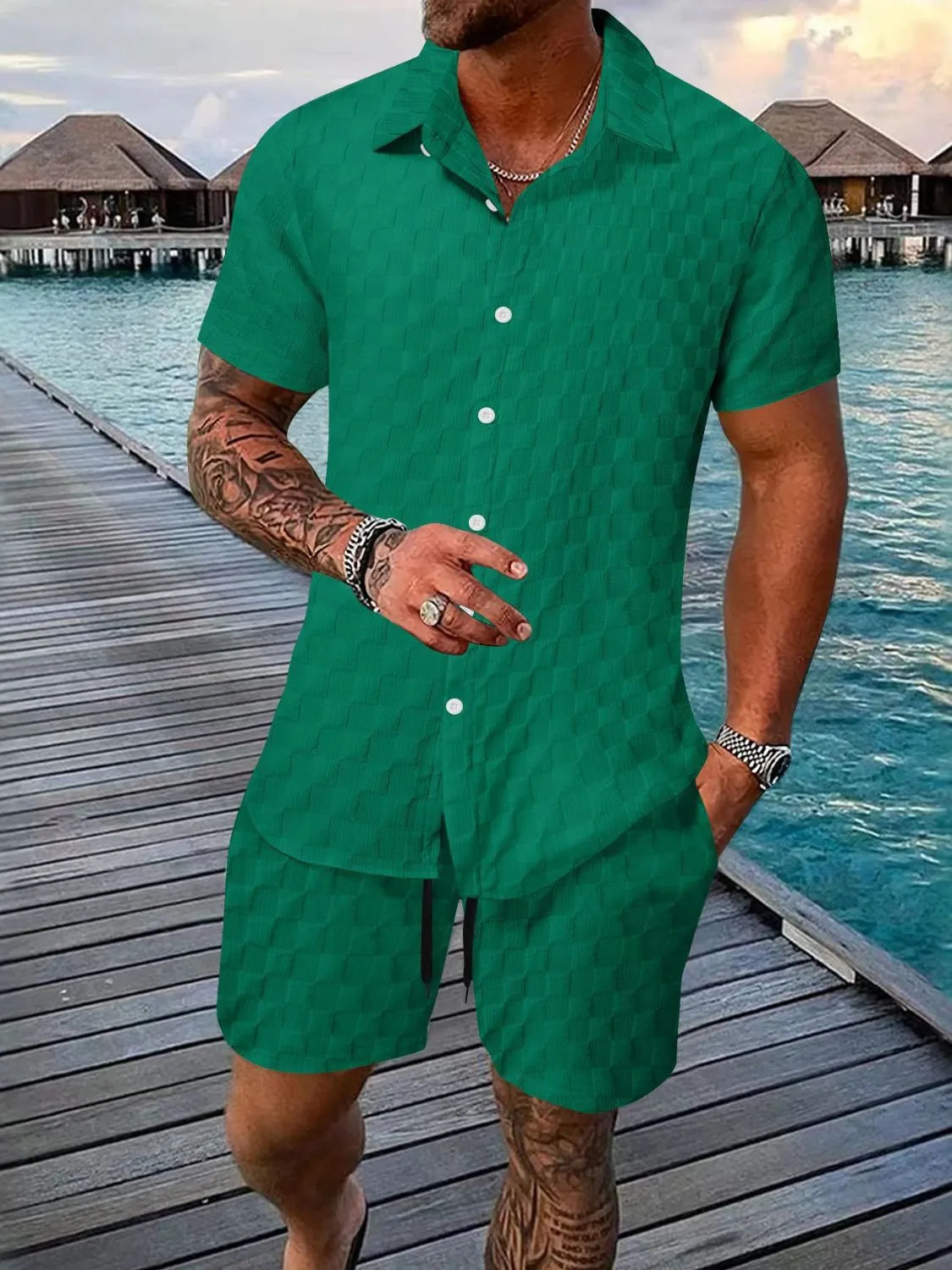 Men's Collared Neck Short Sleeve Top and Shorts Set