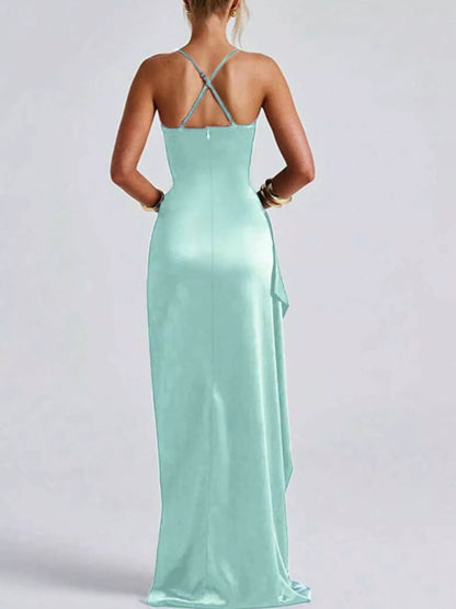Satin ruched high-slit maxi dress, view 35