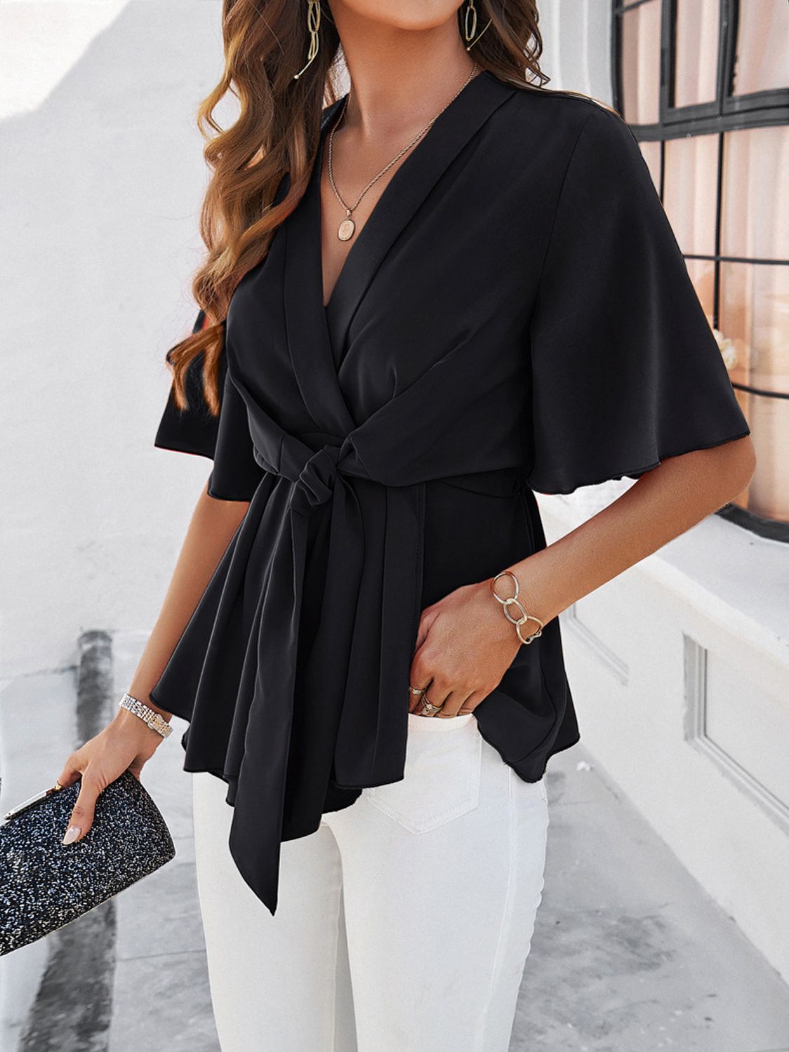 Tied Front Peplum Blouse