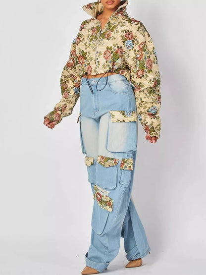 Plus size floral jacket & cargo jeans set, view 2
