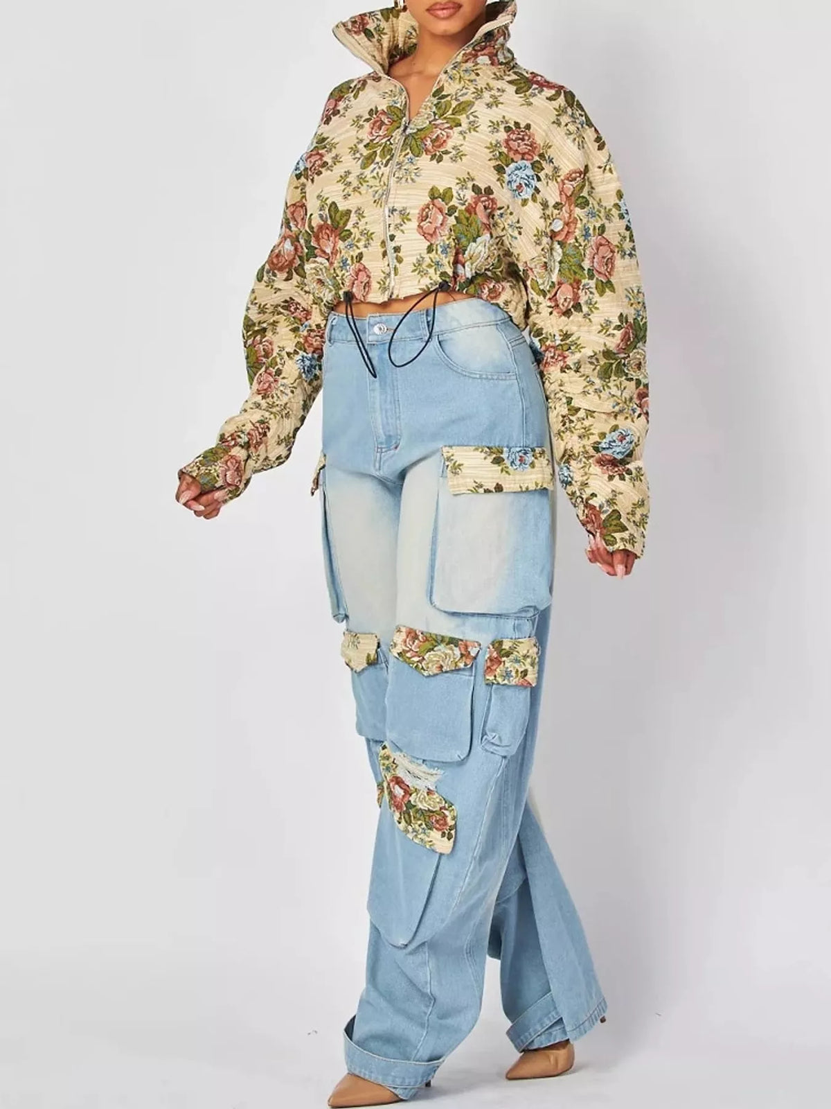 Floral crop jacket and cargo jeans set, view 2