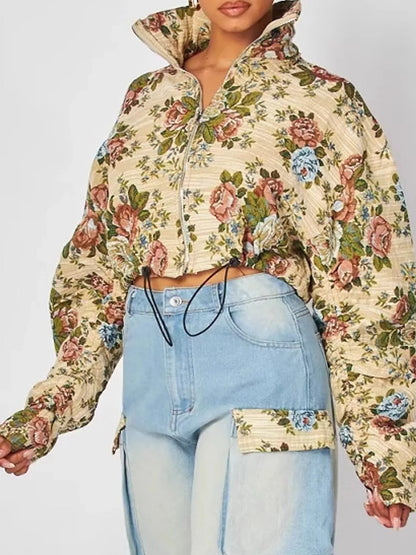 Floral cropped jacket and cargo jeans set, view 4