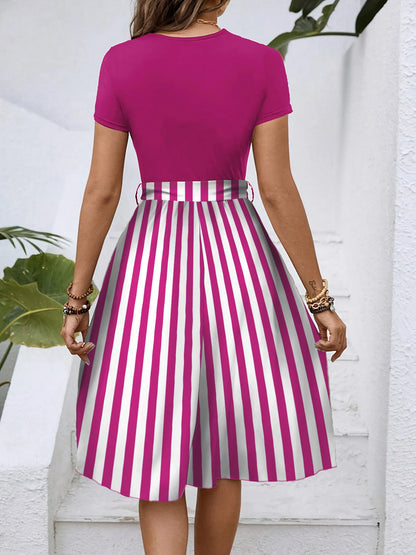 Striped Round Neck Short Sleeve Dress