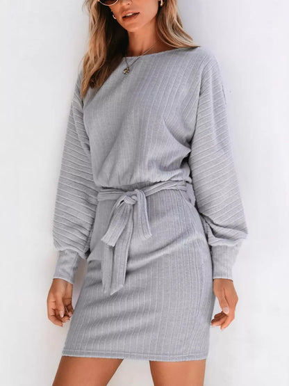 Round Neck Tie Waist Textured Dress