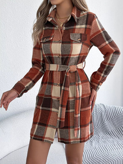 Plaid Button Front Tie Waist Shirt Dress