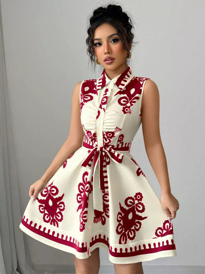 Sleeveless Ruched Printed Tie Waist Dress