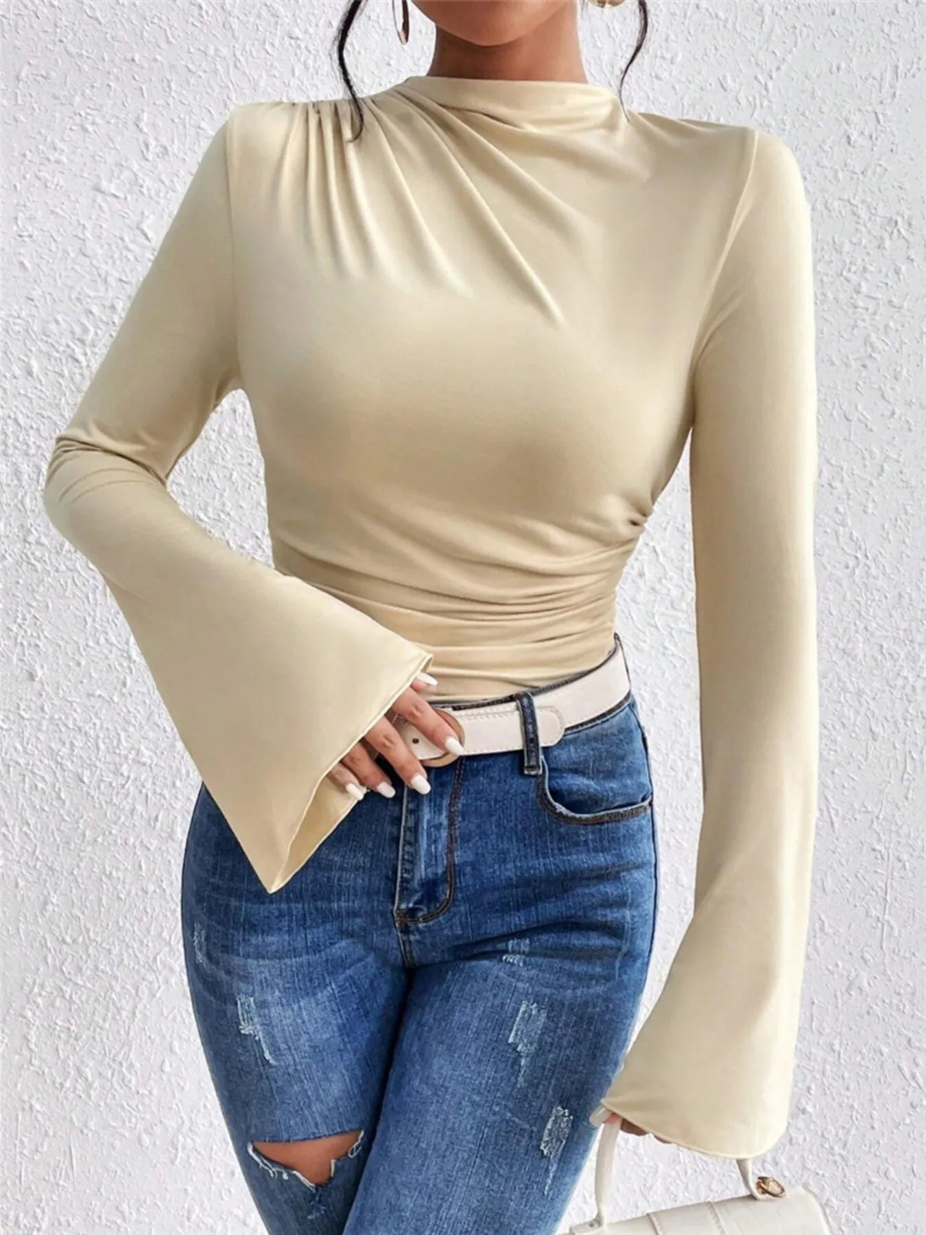 Bell Sleeve Ruched Fitted T-Shirt