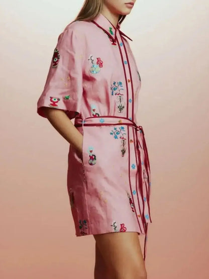 Printed Tie Waist Shirt Dress