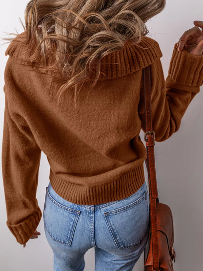 Collared V Neck Ribbed Edge Sweater