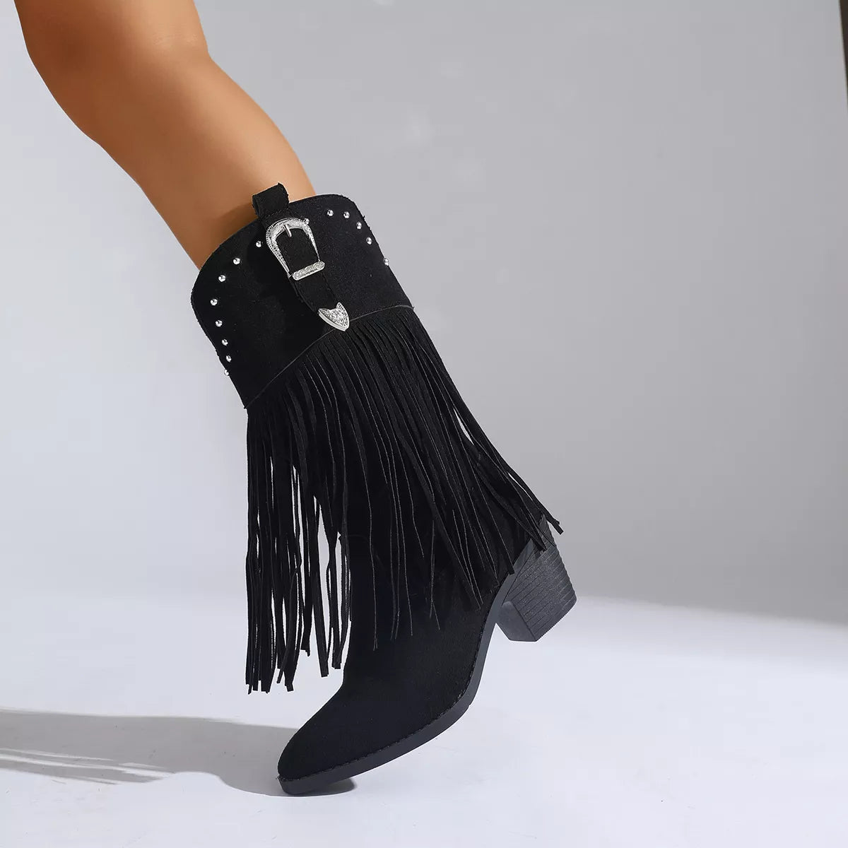 Fringe Round Toe Block Heels Boots