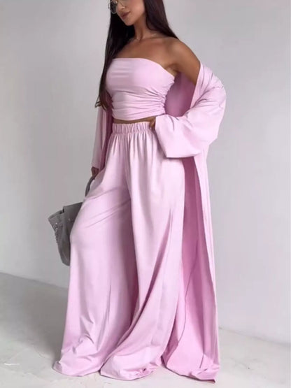 3-piece cardigan, tube top and wide leg pants set, S-XL