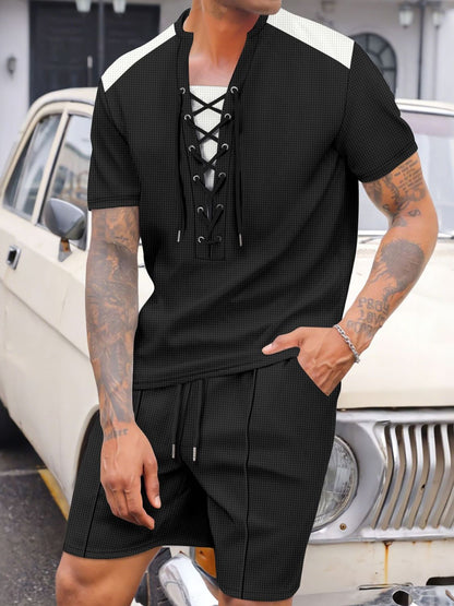 Men's Plus Size Lace-Up Knit Top Shorts Set