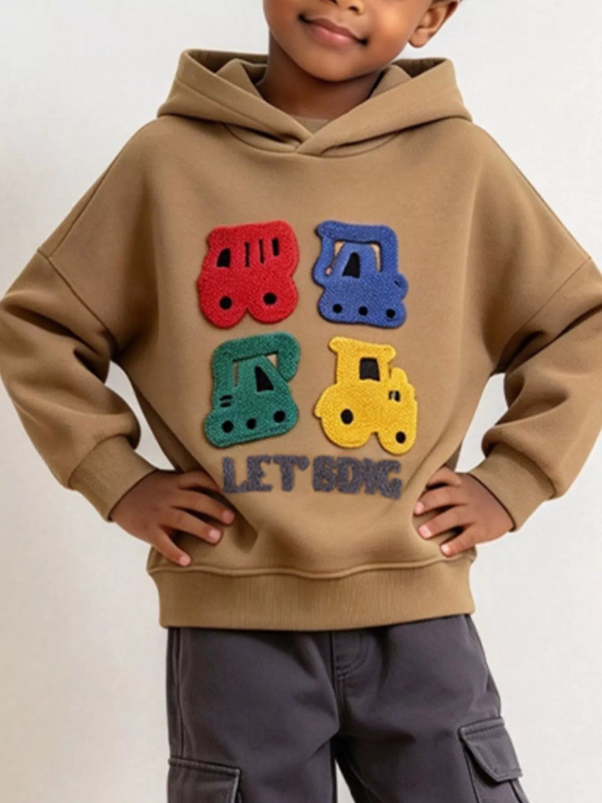 Children's Construction Vehicle Appliques Hoodie
