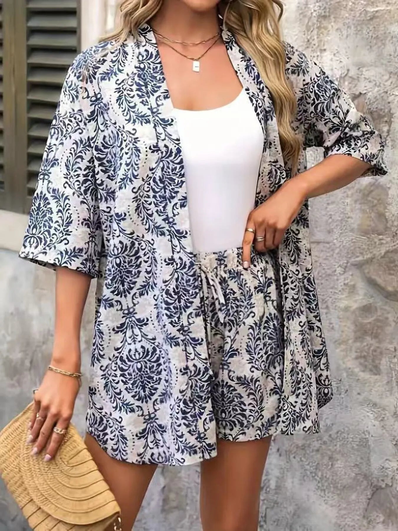 Printed Cardigan and Shorts Set
