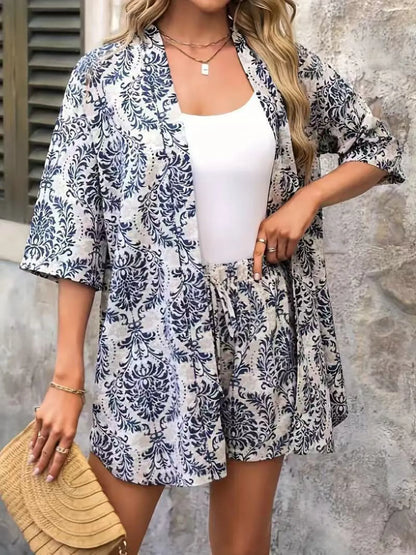 Printed Cardigan and Shorts Set