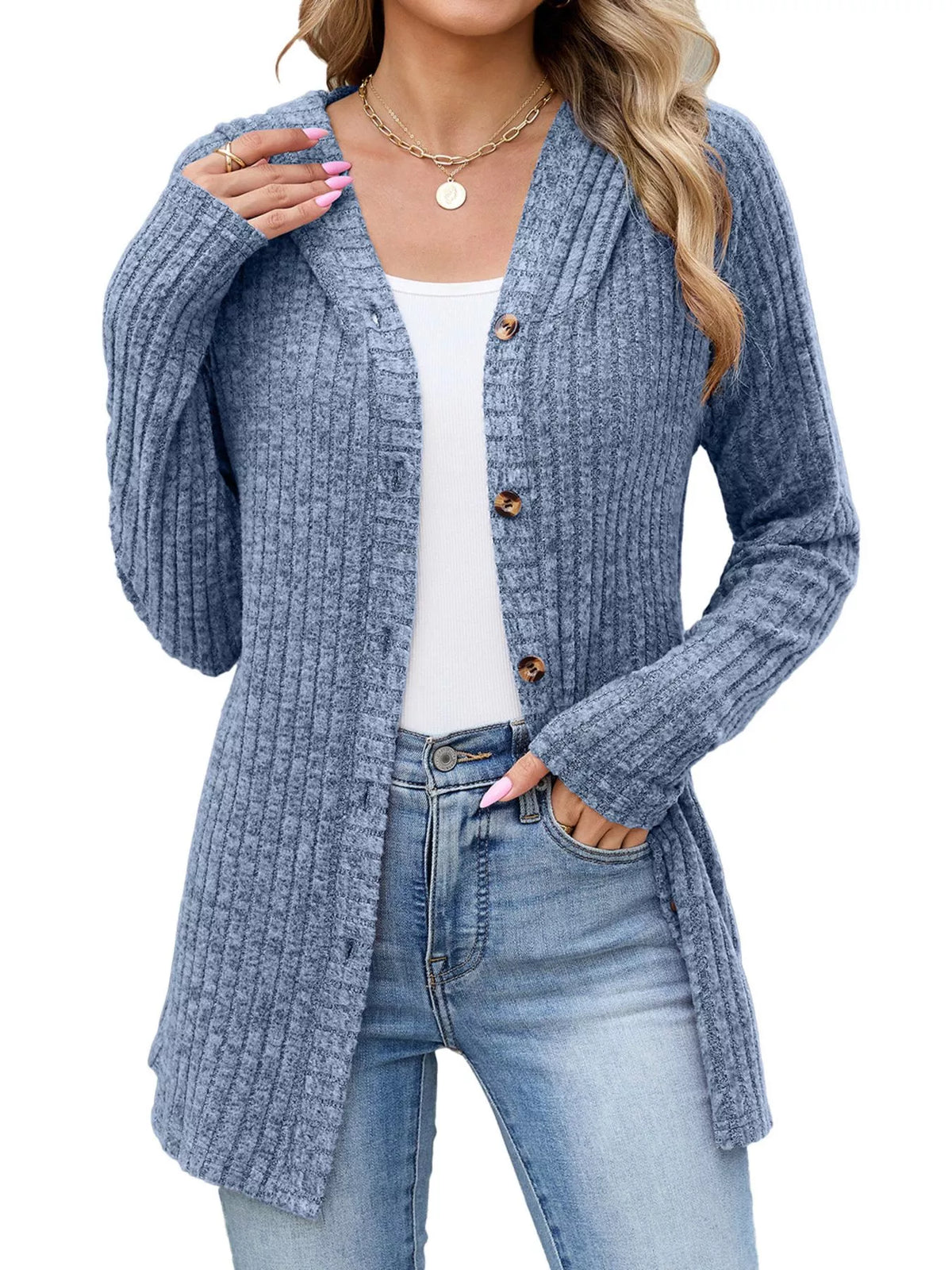 Ribbed Knit Hooded Button-Down Cardigan