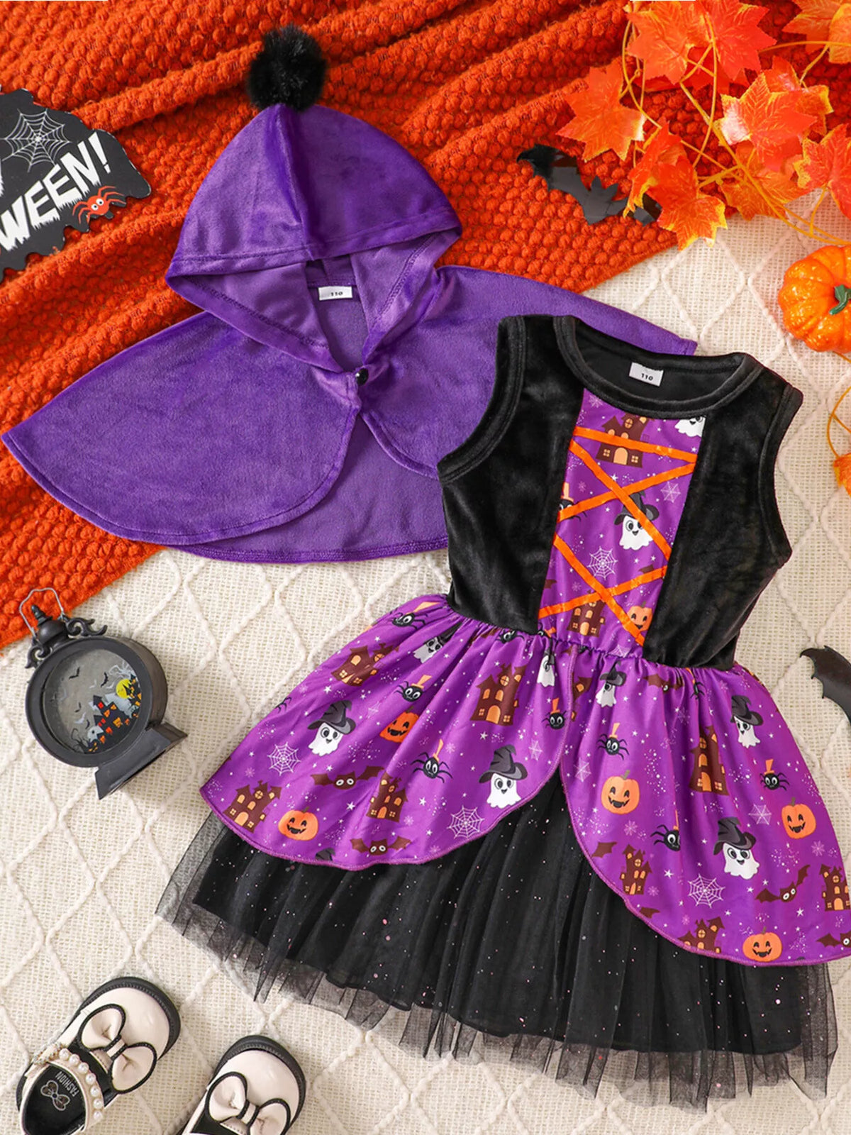 Children's Halloween Hooded Cape and Printed Dress Witch Costume Set
