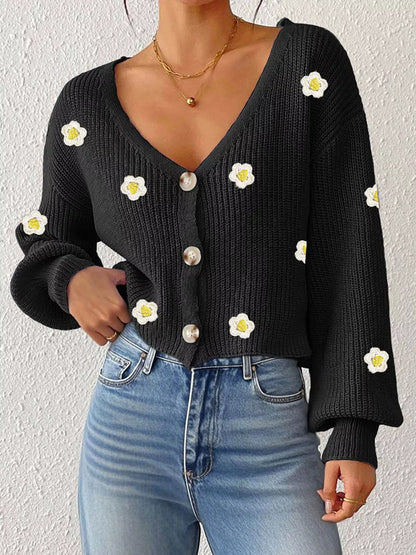 Floral V-Neck Button-Down Cropped Cardigan