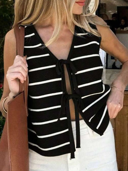 Tie Front Striped Sweater Vest