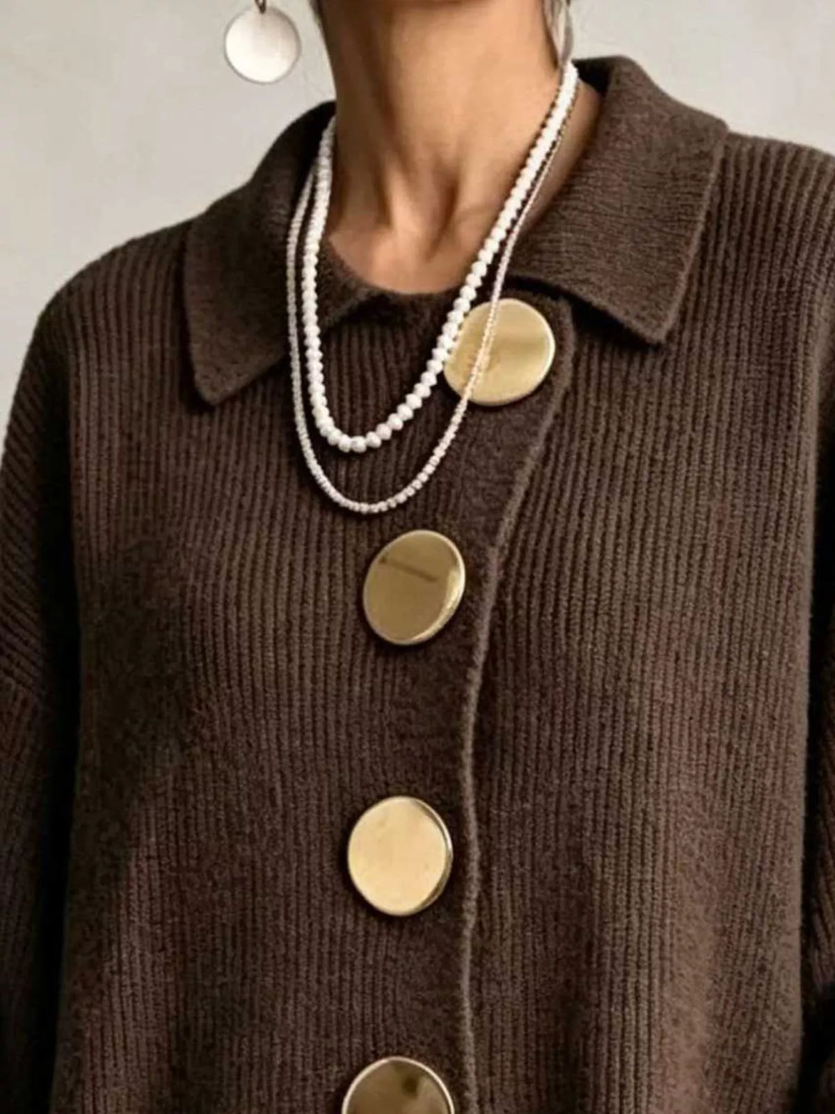 Ribbed knit gold-button cardigan, view 5