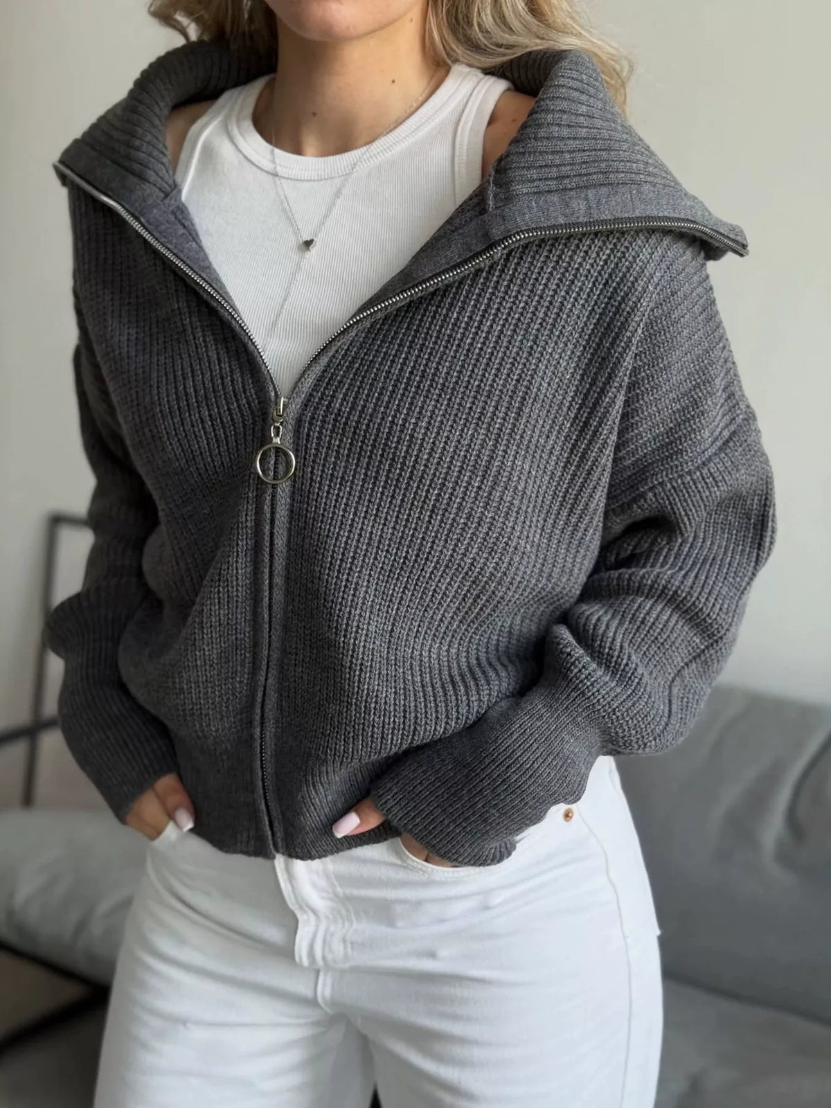 Zip Up Dropped Shoulder Cardigan