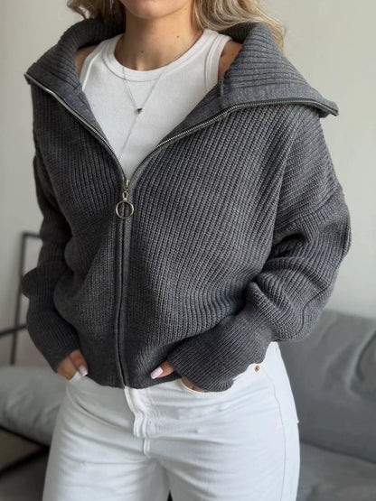 Zip Up Dropped Shoulder Cardigan