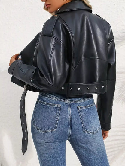 Belted faux leather zip-up jacket, view 16