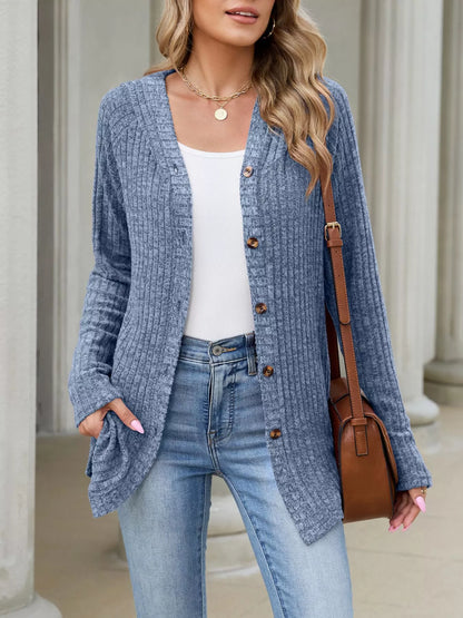 Ribbed Knit Hooded Button-Down Cardigan