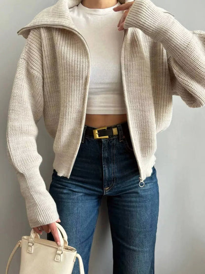 Zip Up Dropped Shoulder Cardigan