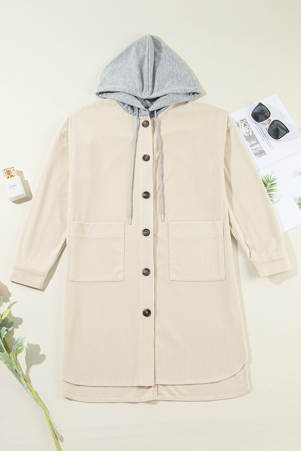 Drawstring Button Up Hooded Jacket