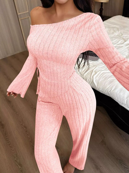 One-Shoulder Ribbed Knit Top and Pants Set