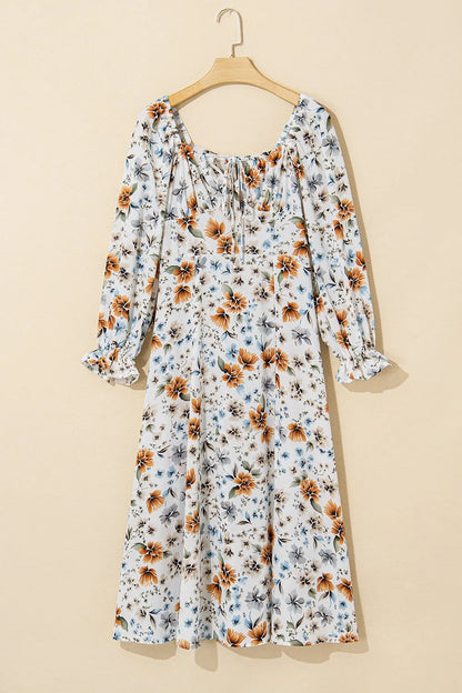Floral Print Flounce Sleeve Midi Dress