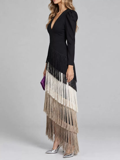 Women's Fringe Bodycon Dress with Puff Sleeves & V-Neck