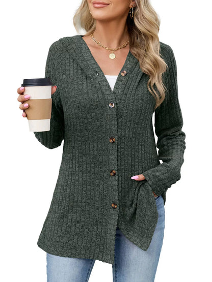 Ribbed Knit Hooded Button-Down Cardigan