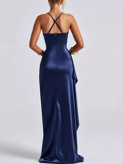 Satin Ruched High-Slit Maxi Dress