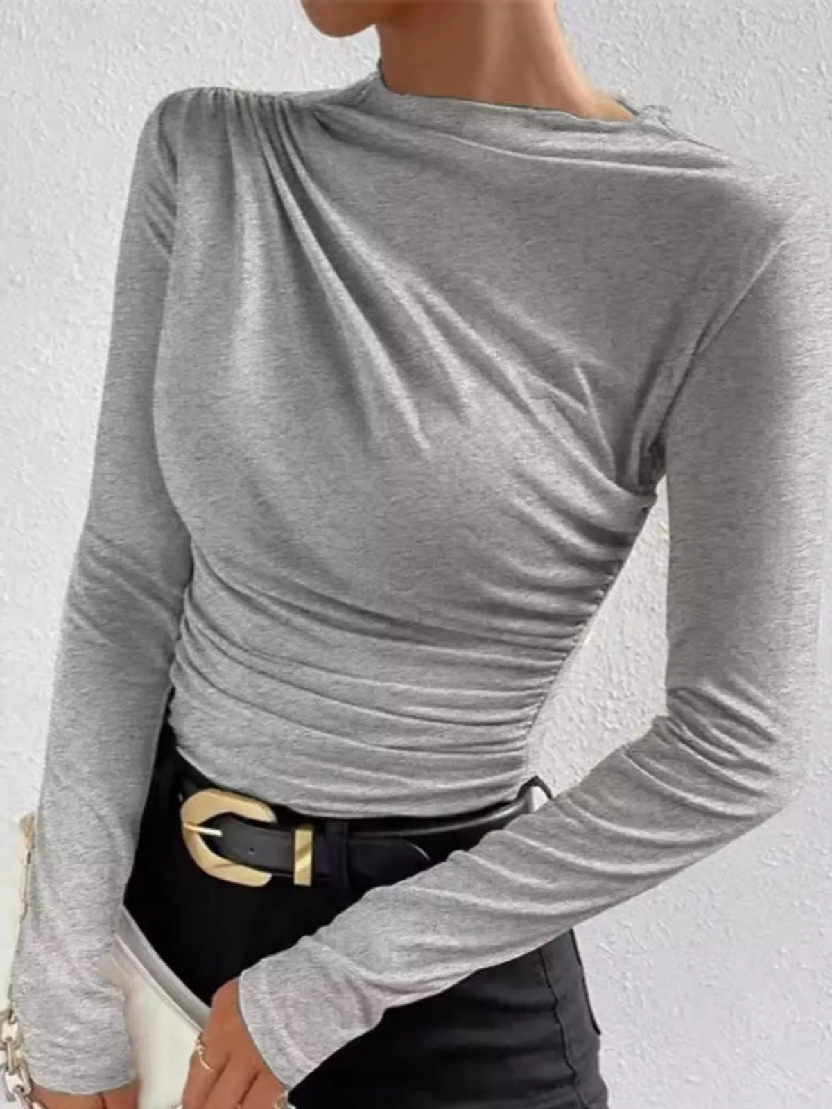 Plus Size Ruched Long Sleeve Slim-Fit Tee, 7 Colors