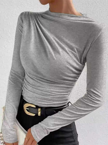 Plus Size Ruched Long Sleeve Slim-Fit Tee, 7 Colors