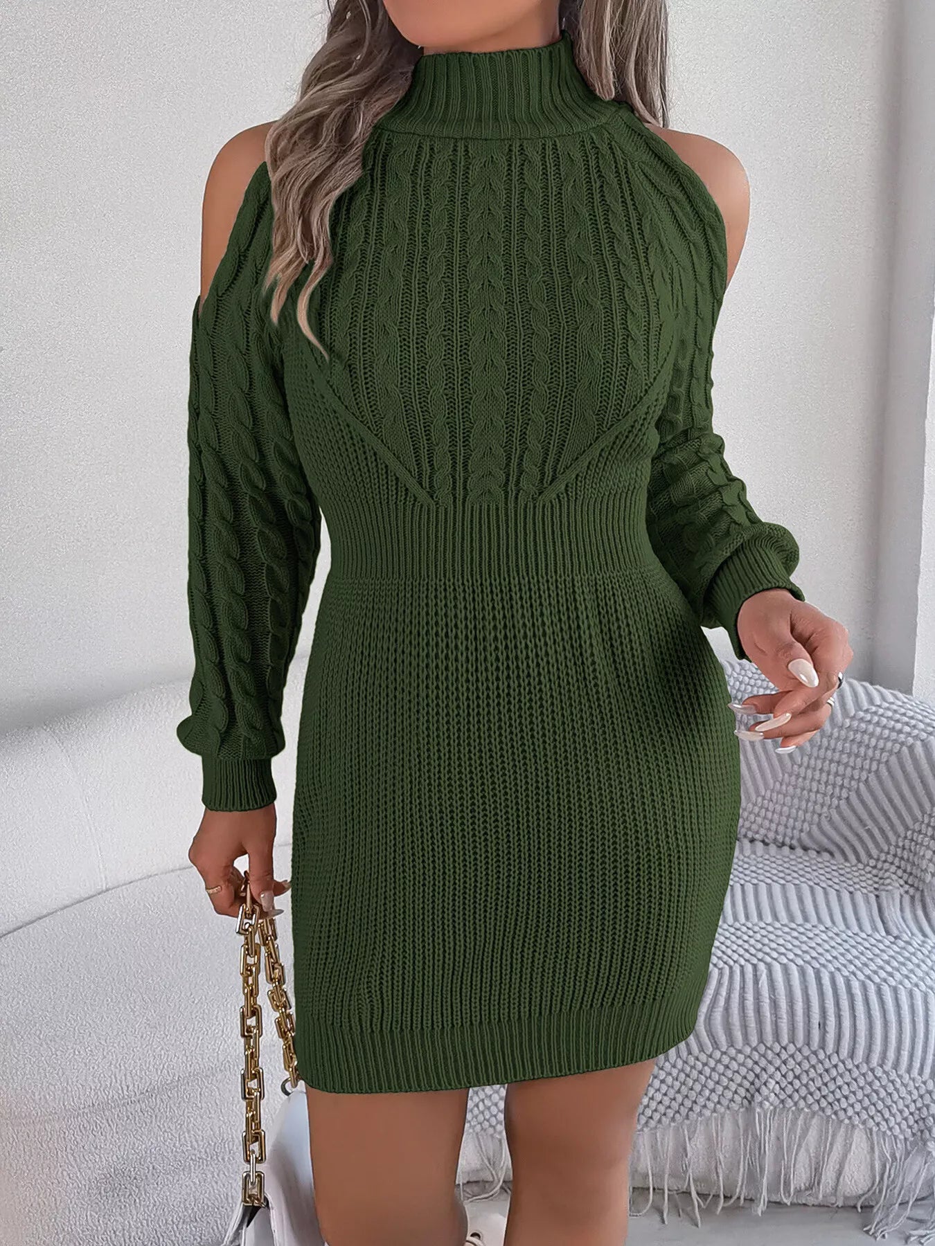 Cable Knit Turtleneck Sweater Dress