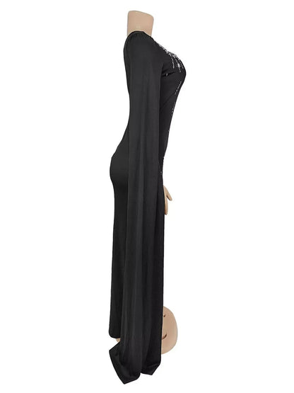 Rhinestone Square Neck Slit Sleeve Maxi Dress