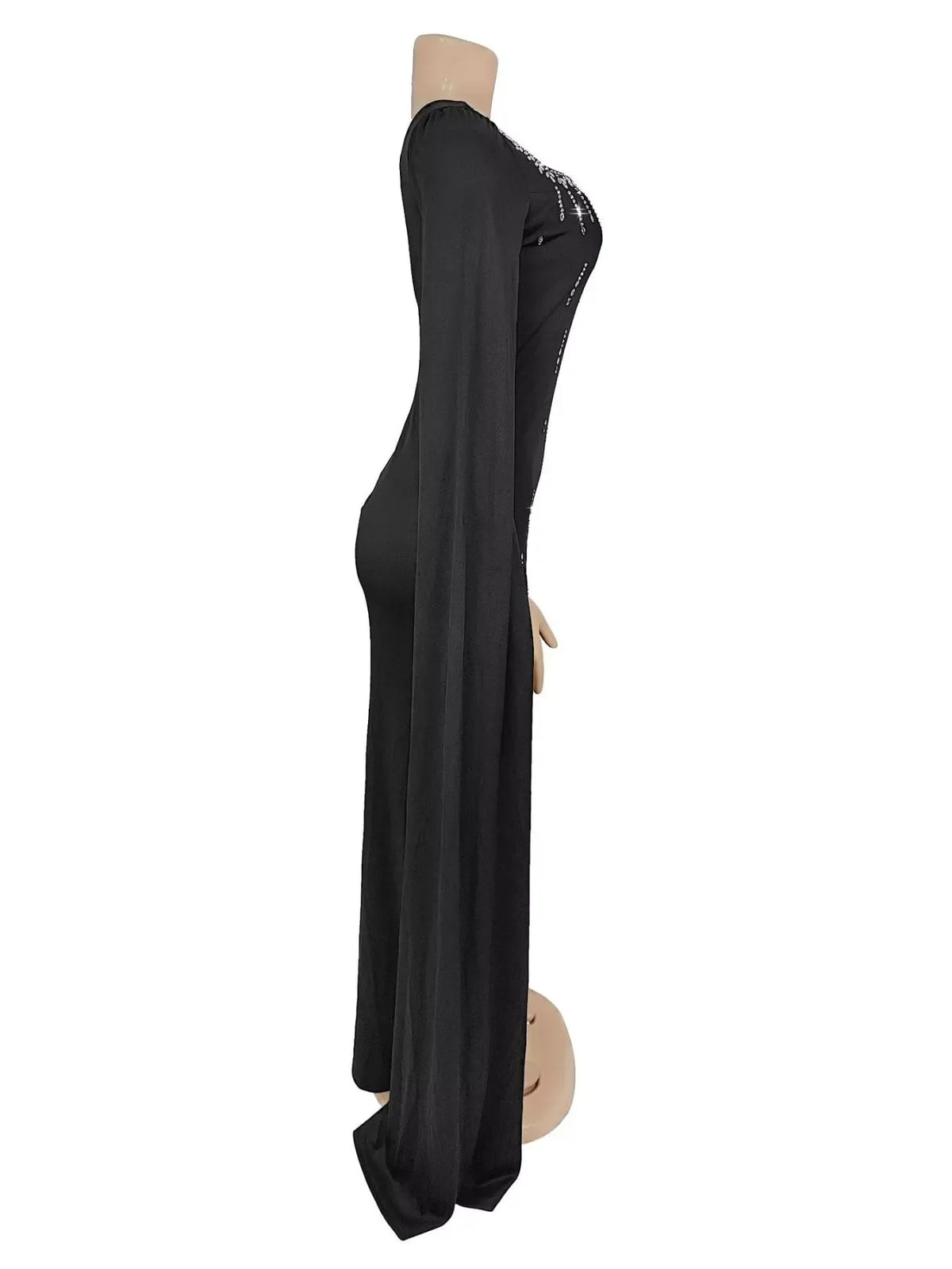 Rhinestone Square Neck Slit Sleeve Maxi Dress