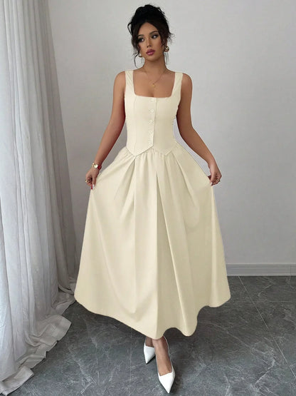 Square Neck Wide Strap Midi Dress