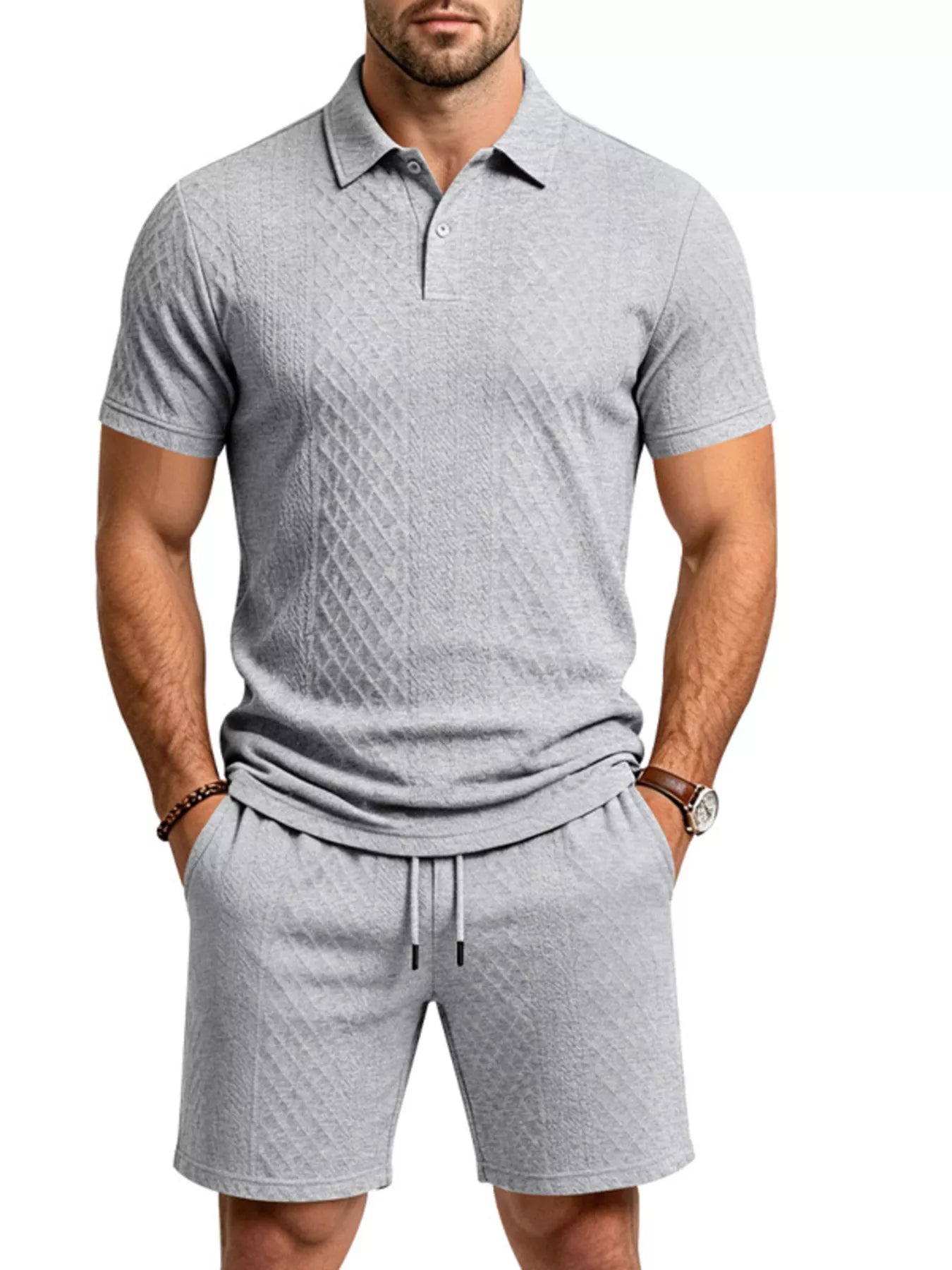 Men's Full Size Textured Short Sleeve Polo and Shorts Set Plus Size