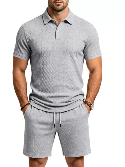 Men's Full Size Textured Short Sleeve Polo and Shorts Set Plus Size