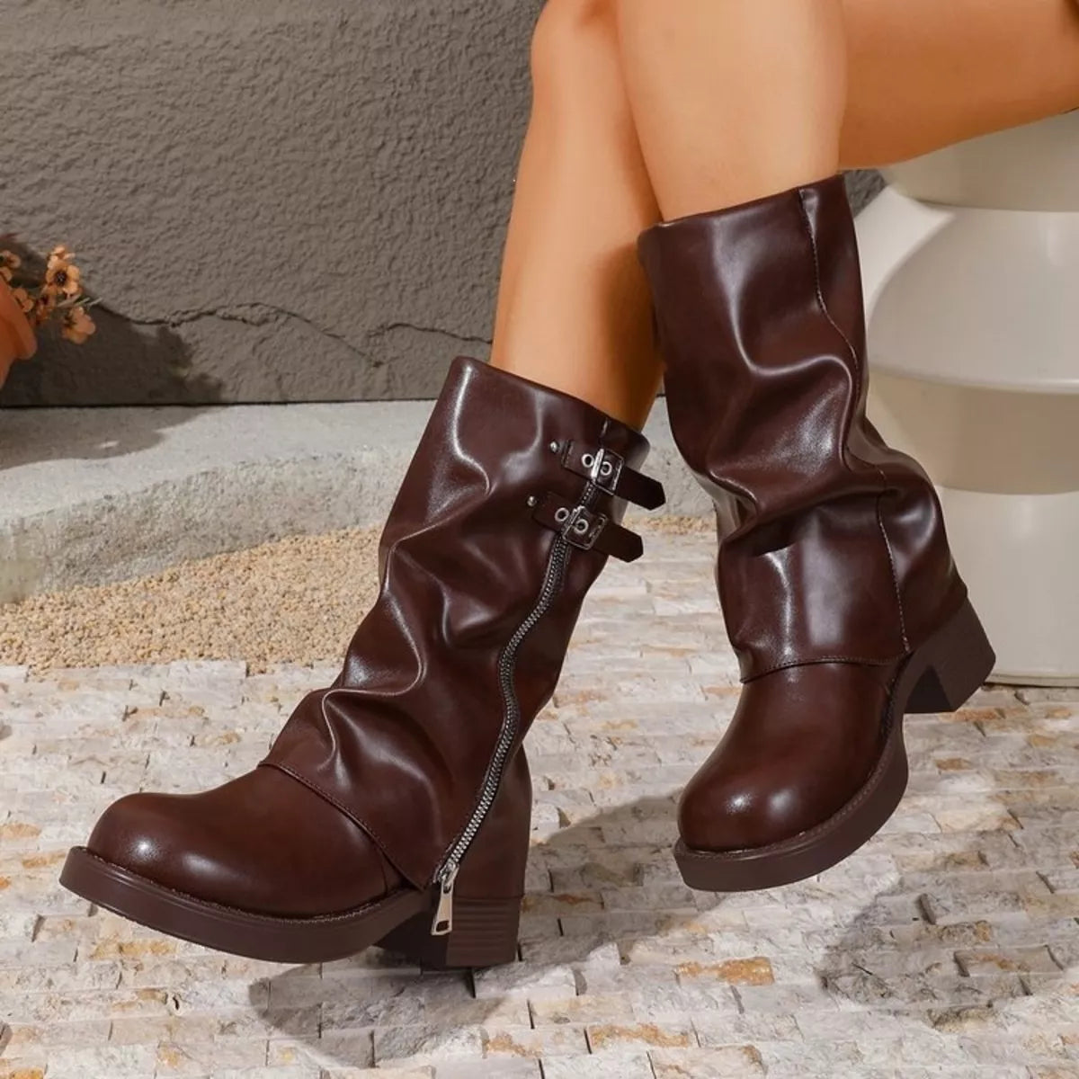 Mid-calf slouchy buckle boots, view 5