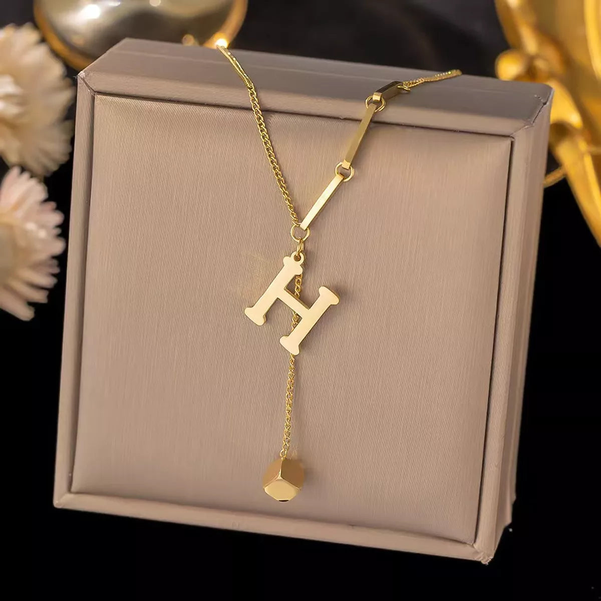 Gold Y-drop initial necklace, view 10