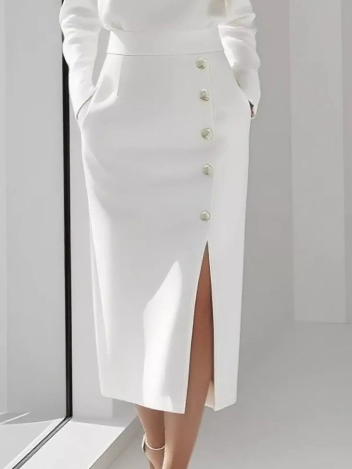 Long Sleeve Button Detail Midi Dress with Side Slit