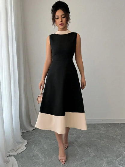 Contrast Trim Sleeveless Midi Dress