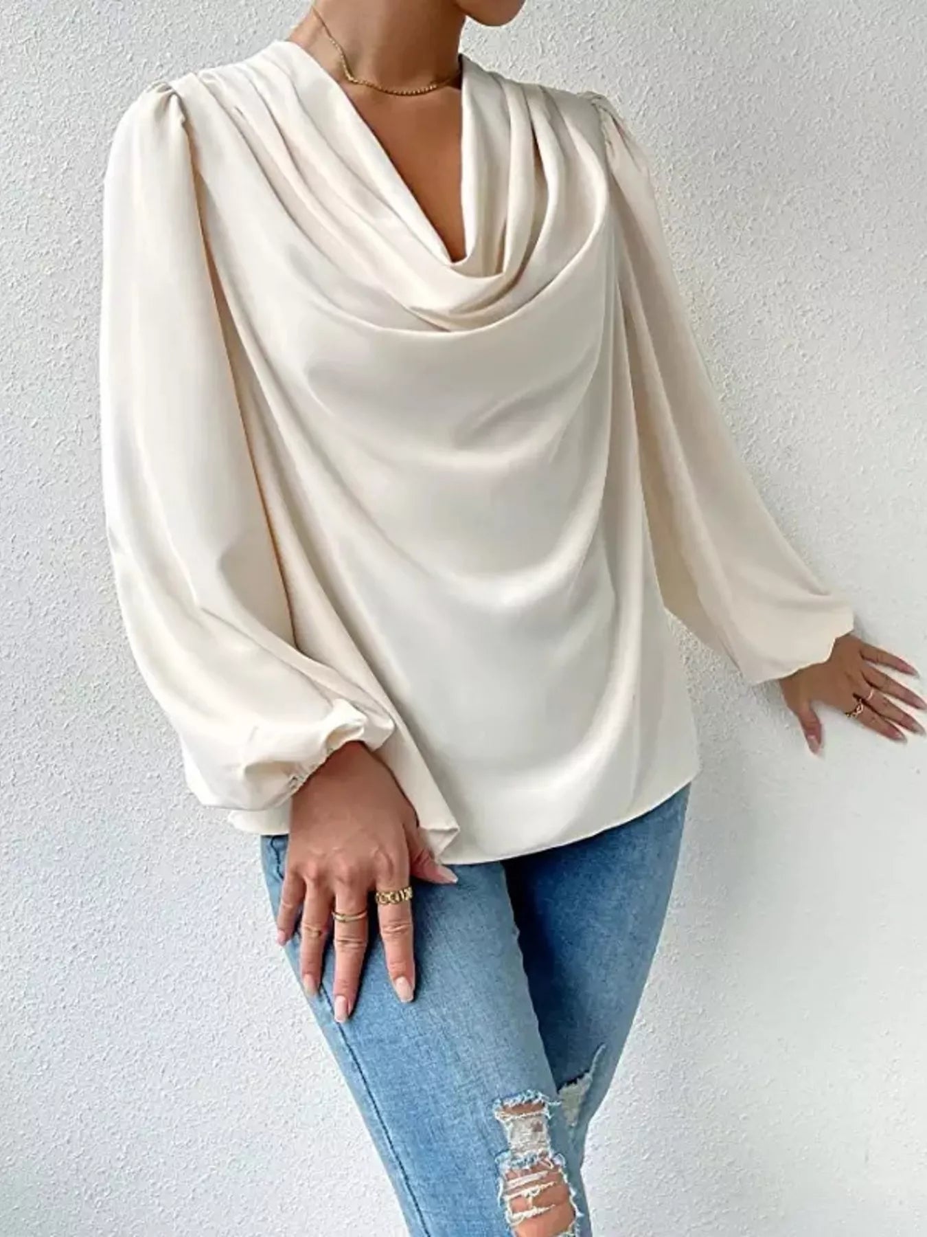Full Size Cowl Neck Balloon Sleeve Blouse