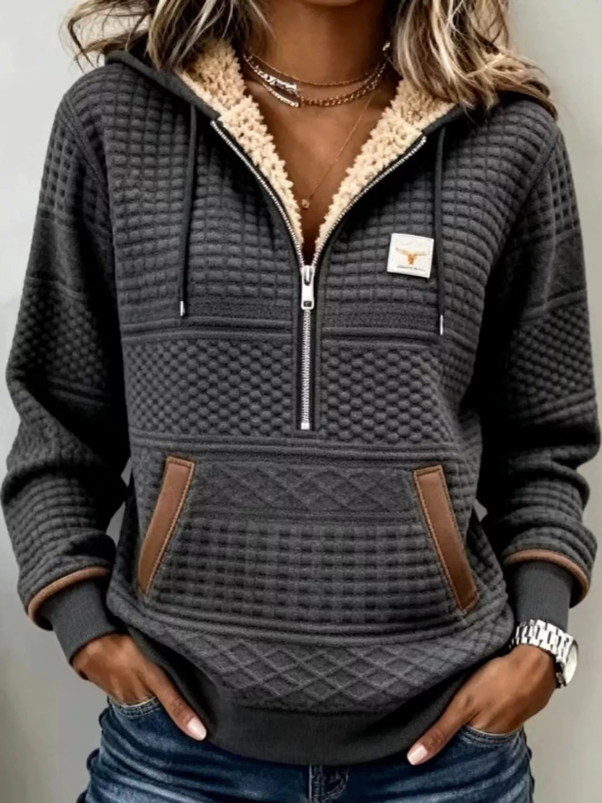 Plus size half-zip textured hoodie, graphite or dark red